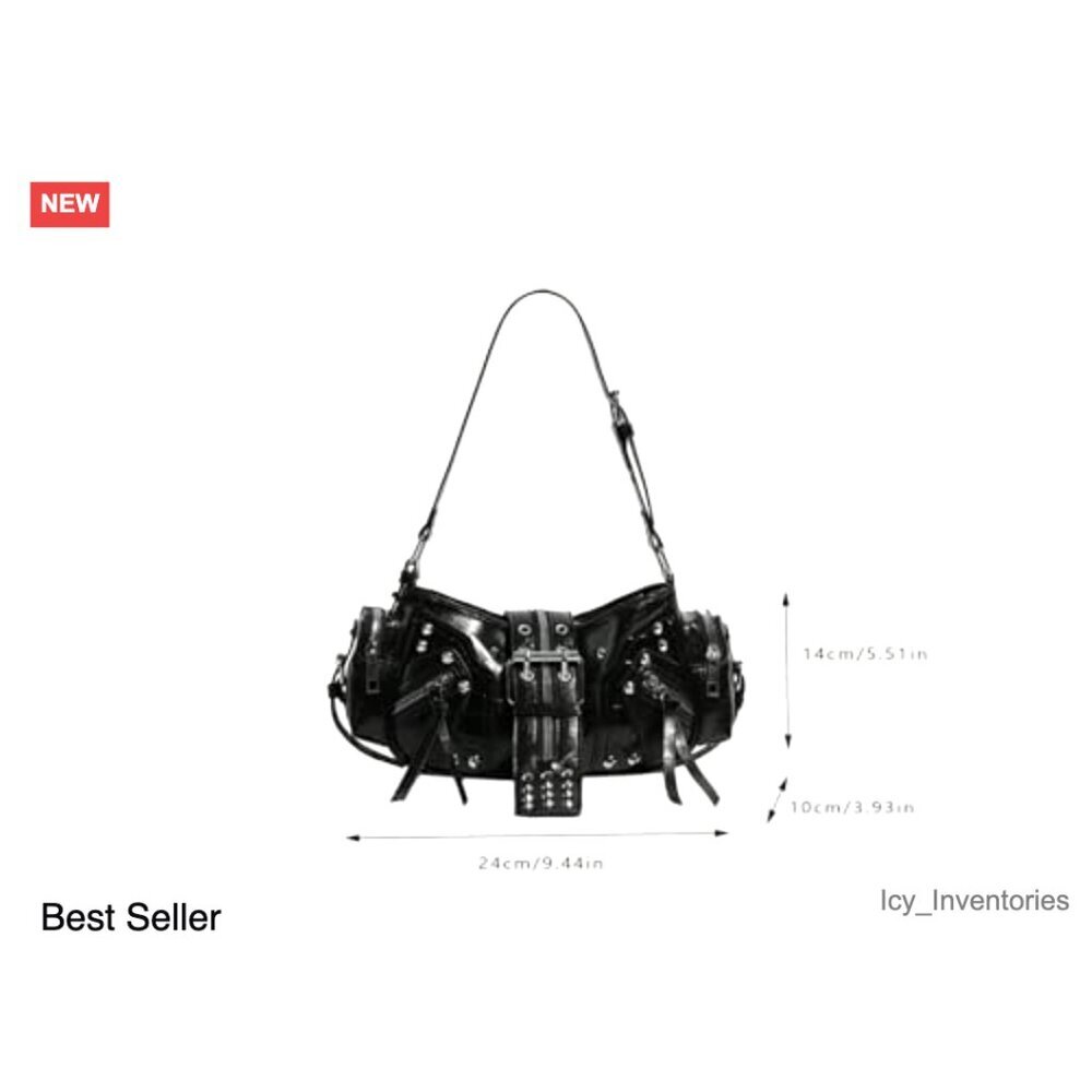 PU Leather Tote Bag Y2K Punk Vintage Adjustable Strap Multi Pocket Large - Picture 3 of 3